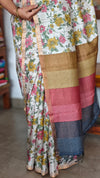 Off White Checked Tussar Floral Print Saree