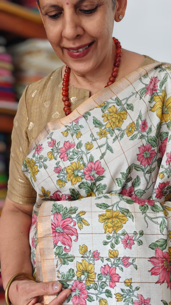 Off White Checked Tussar Floral Print Saree