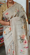 Light Grey Floral Printed Moonga Silk Saree