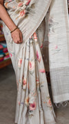 Light Grey Floral Printed Moonga Silk Saree