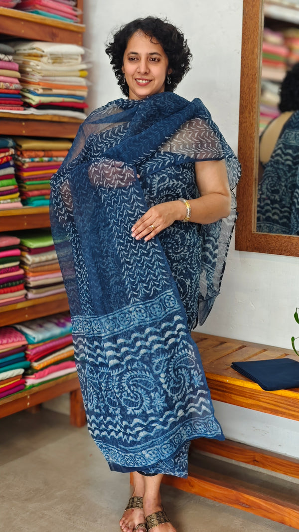 Indigo Block Printed Kota Doria Suit - GD331 - A