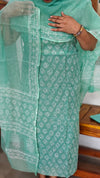 Aqua Green Block Printed Kota Doria Suit - GD331