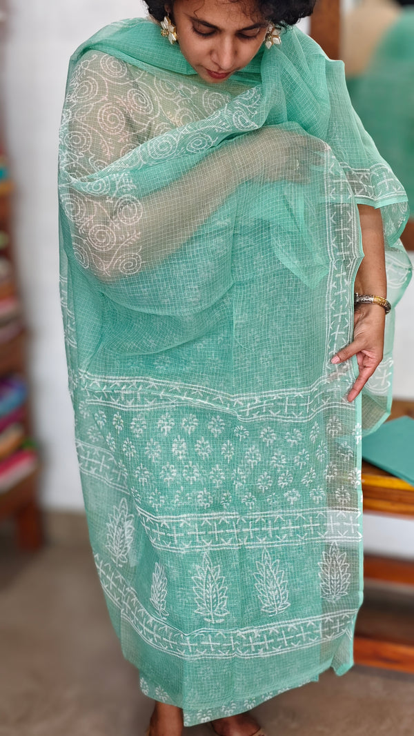 Aqua Green Block Printed Kota Doria Suit - GD331