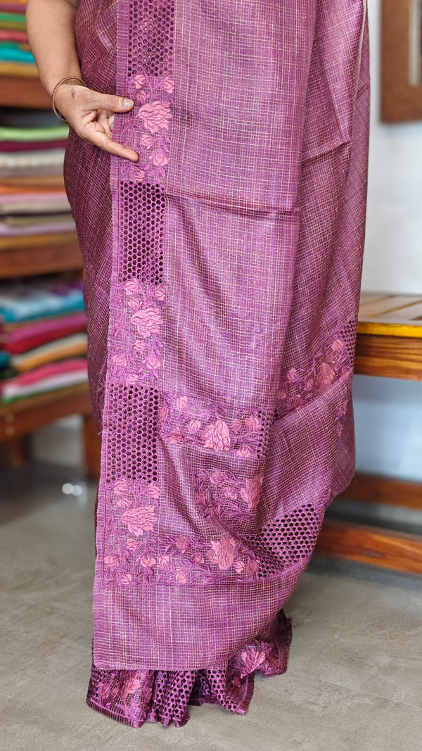 Onion Pink Tussar Silk Saree with Cutwork Borders - E192