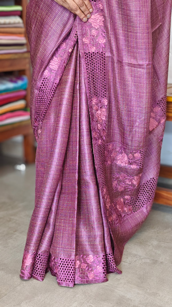 Onion Pink Tussar Silk Saree with Cutwork Borders - E192