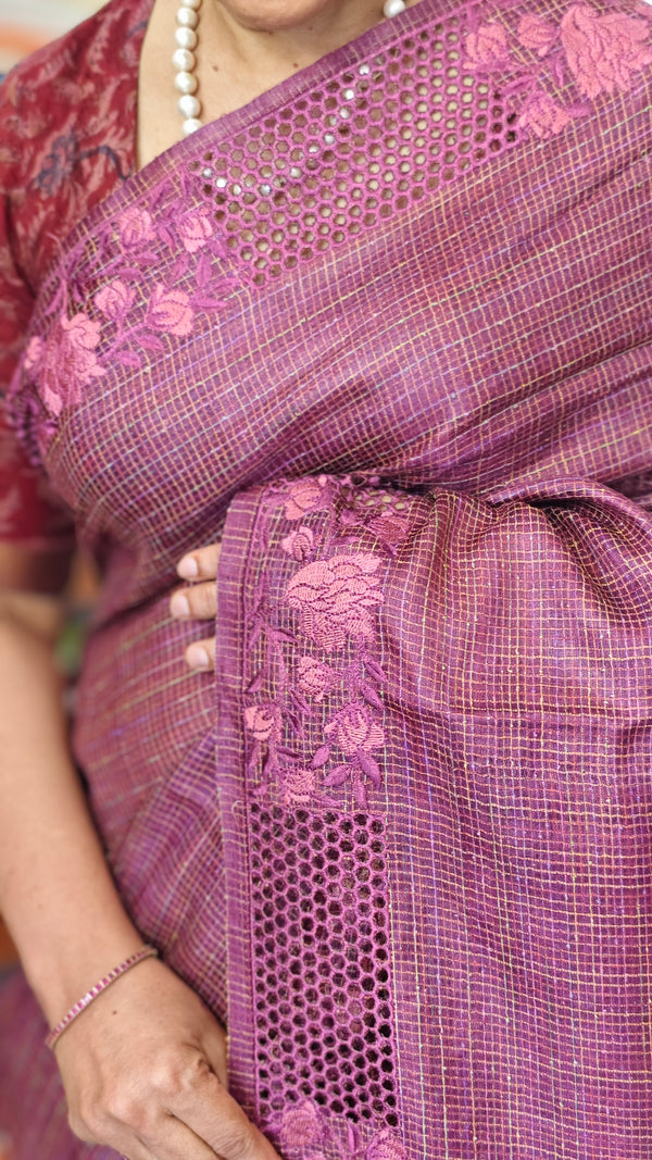 Onion Pink Tussar Silk Saree with Cutwork Borders - E192