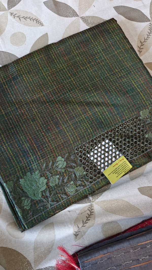Fern Green Tussar Silk Saree with Cutwork Borders - E192