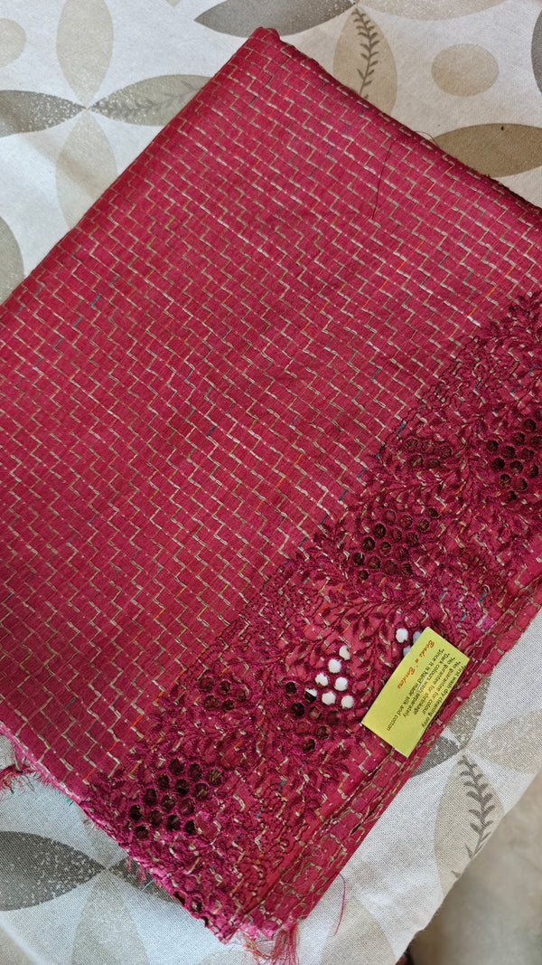 Dark Pink Tussar Silk Saree with Cutwork Borders - E192
