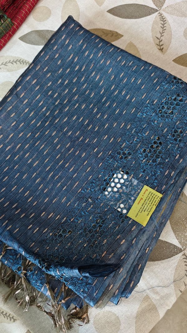 Blue and Grey Tussar Silk Saree with Cutwork Borders - E192