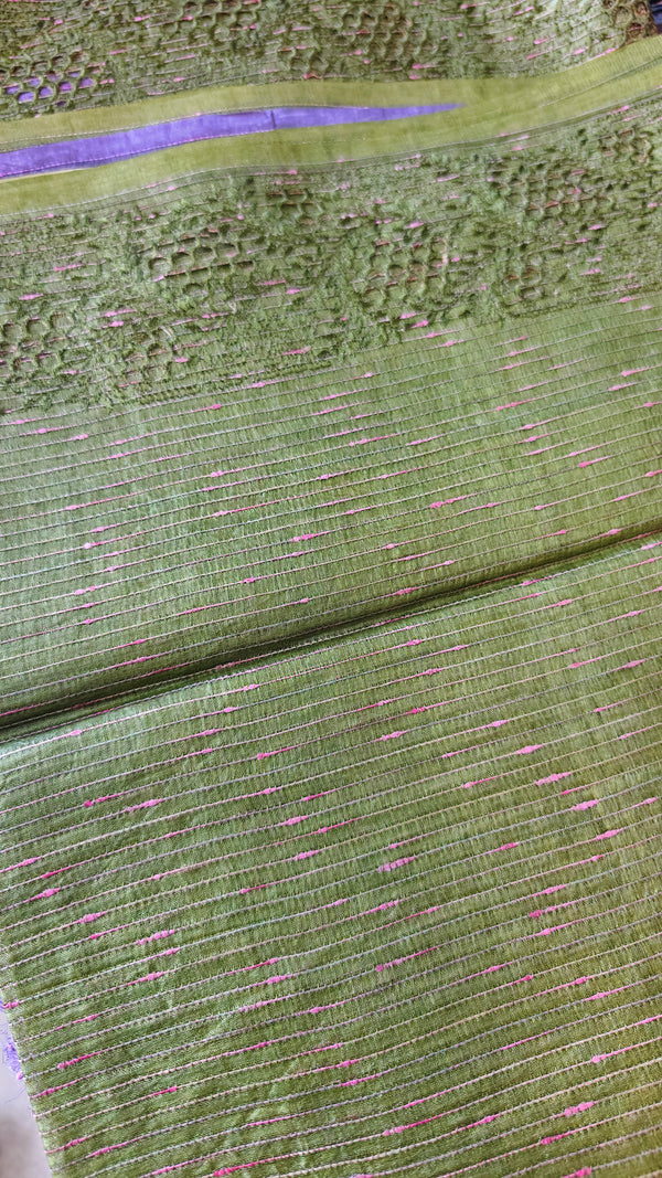 Olive Green and Lavender Tussar Silk Saree with Cutwork Borders - E192