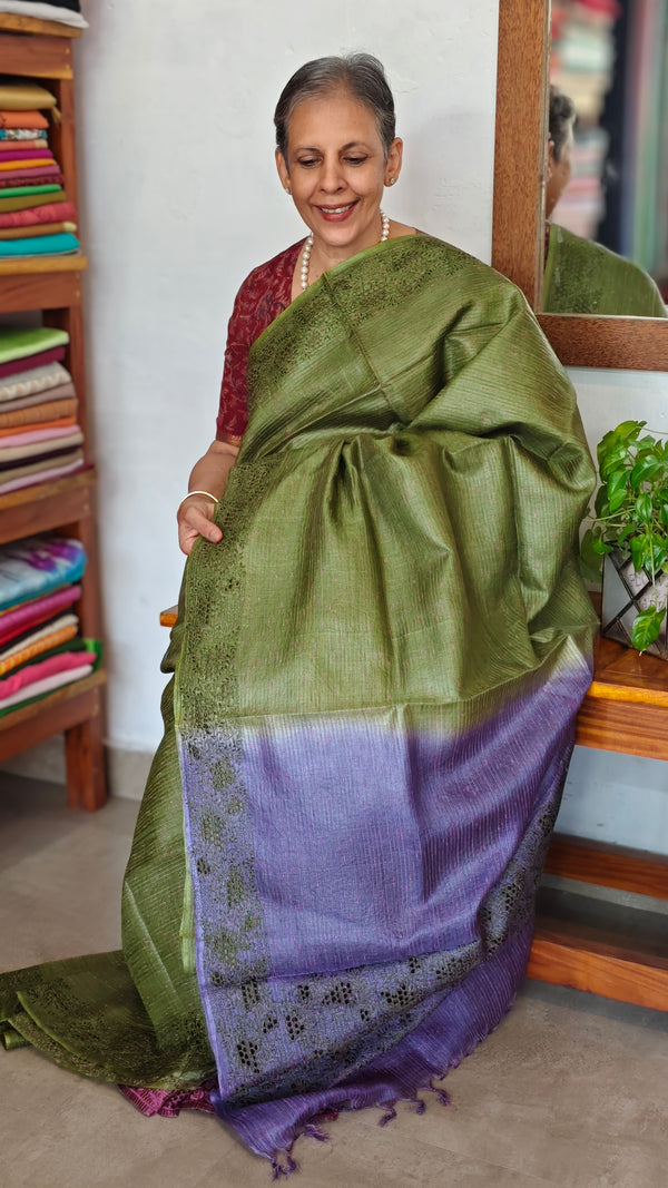 Olive Green and Lavender Tussar Silk Saree with Cutwork Borders - E192