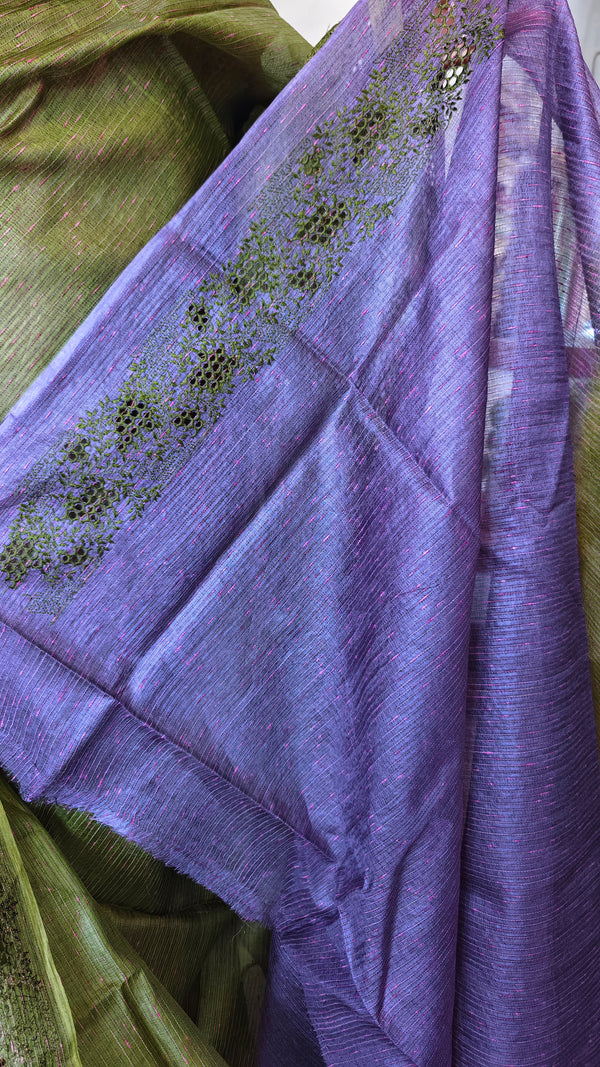 Olive Green and Lavender Tussar Silk Saree with Cutwork Borders - E192