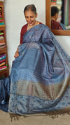 Blue and Grey Tussar Silk Saree with Cutwork Borders - E192