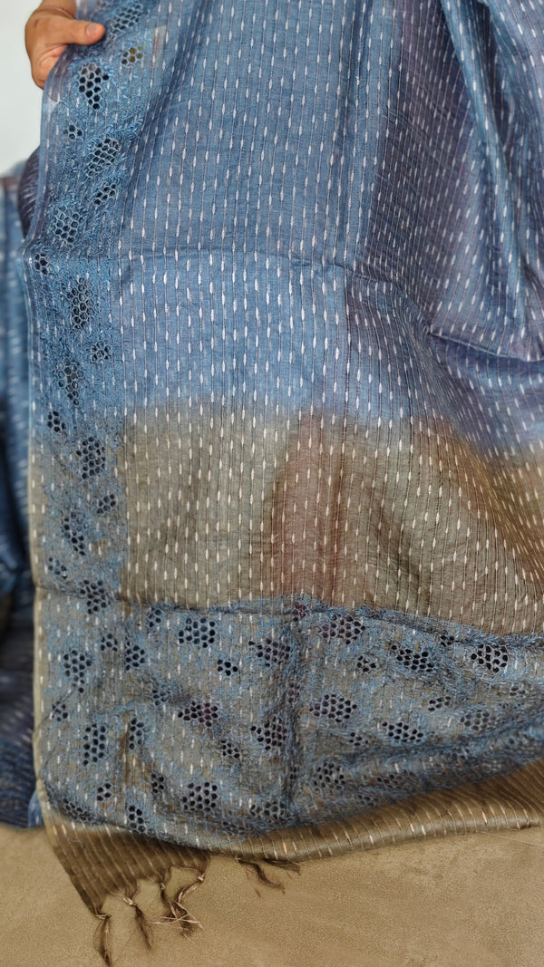 Blue and Grey Tussar Silk Saree with Cutwork Borders - E192
