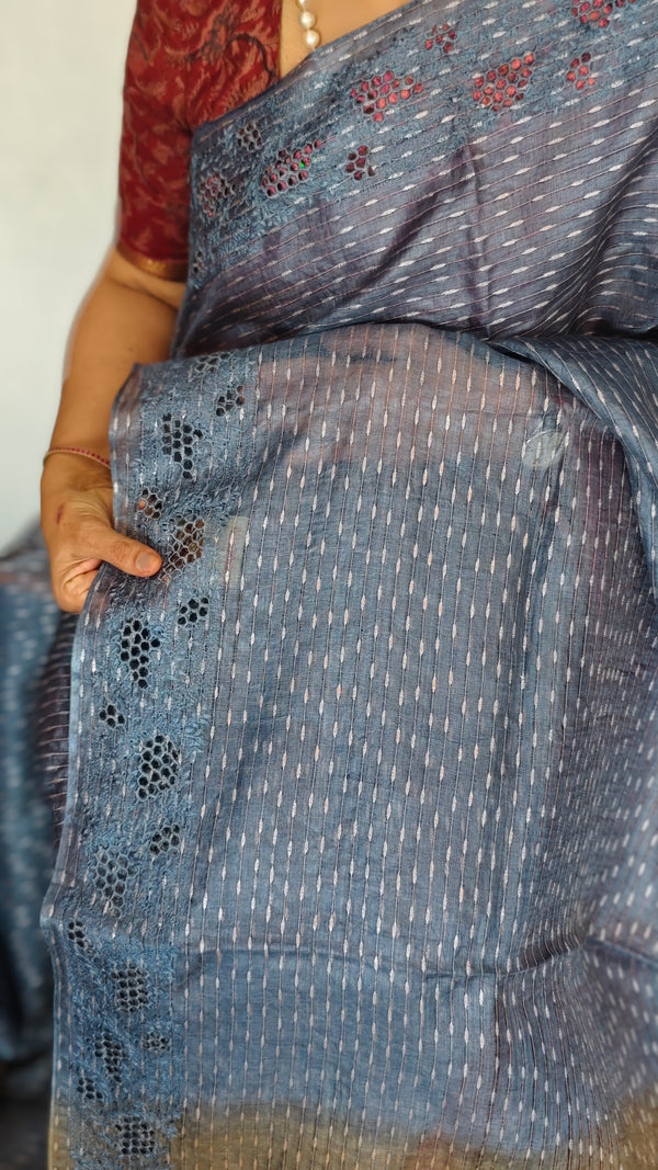 Blue and Grey Tussar Silk Saree with Cutwork Borders - E192