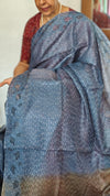Blue and Grey Tussar Silk Saree with Cutwork Borders - E192