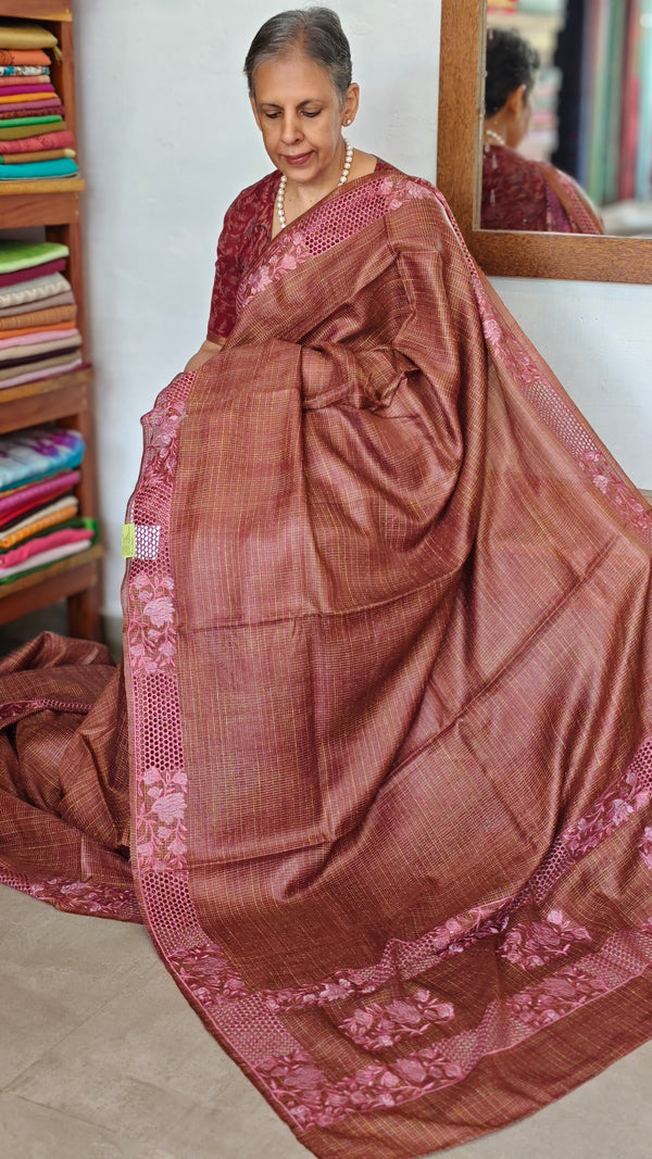 Rust Shade Tussar Silk Saree with Cutwork Borders - E192