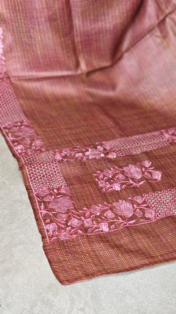 Rust Shade Tussar Silk Saree with Cutwork Borders - E192