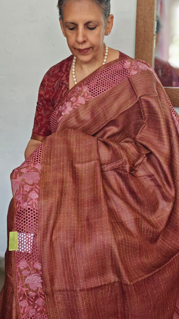 Rust Shade Tussar Silk Saree with Cutwork Borders - E192