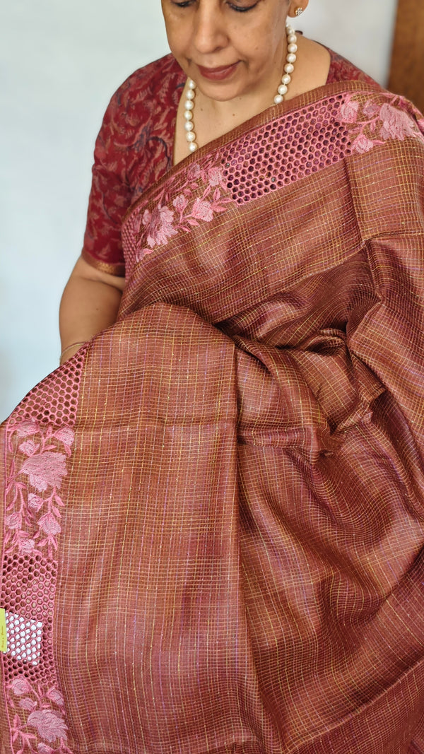 Rust Shade Tussar Silk Saree with Cutwork Borders - E192