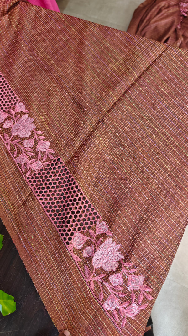 Rust Shade Tussar Silk Saree with Cutwork Borders - E192