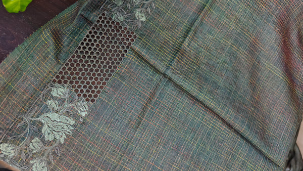 Fern Green Tussar Silk Saree with Cutwork Borders - E192