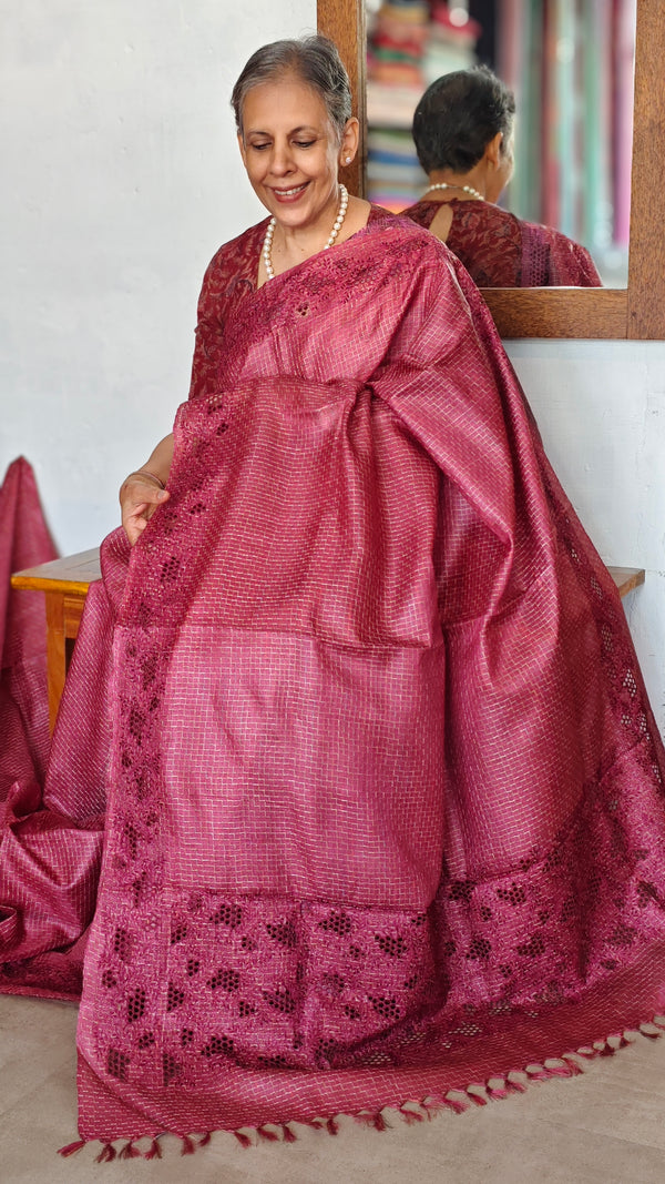 Dark Pink Tussar Silk Saree with Cutwork Borders - E192