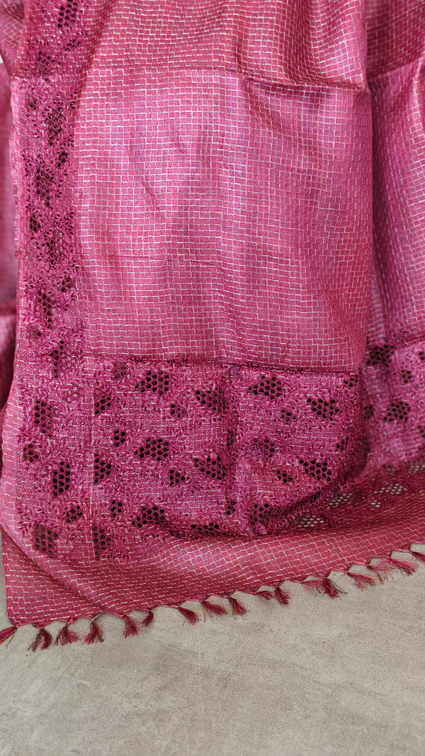 Dark Pink Tussar Silk Saree with Cutwork Borders - E192