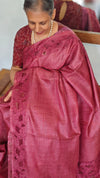 Dark Pink Tussar Silk Saree with Cutwork Borders - E192