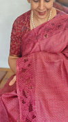 Dark Pink Tussar Silk Saree with Cutwork Borders - E192