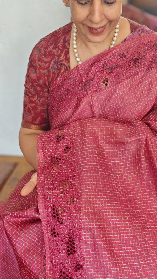 Dark Pink Tussar Silk Saree with Cutwork Borders - E192