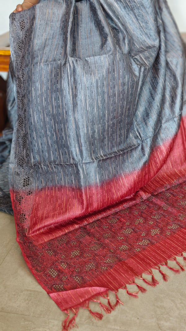 Grey and Pink Tussar Silk Saree with Cutwork Borders - E192