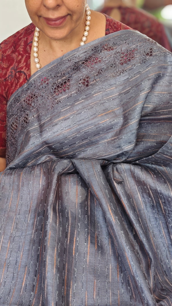 Grey and Pink Tussar Silk Saree with Cutwork Borders - E192
