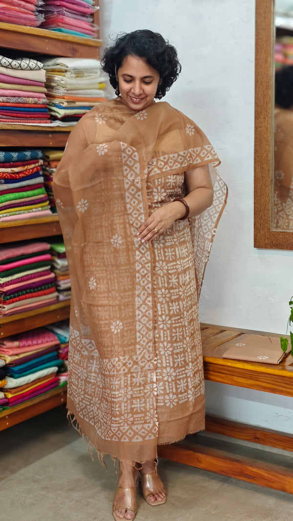 Brown Batik Printed Net Kota Suit - GN65