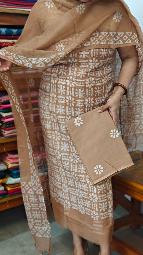 Brown Batik Printed Net Kota Suit - GN65