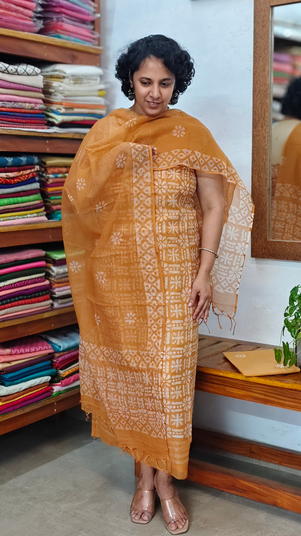Mustard Batik Printed Net Kota Suit - GN65