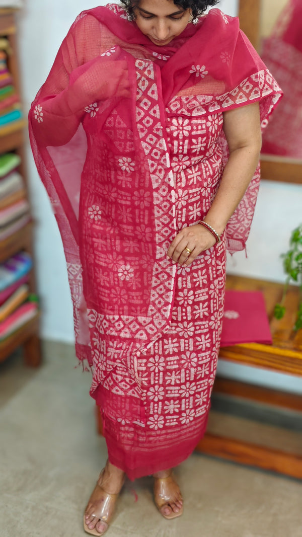 Dark Pink Batik Printed Net Kota Suit - GN65