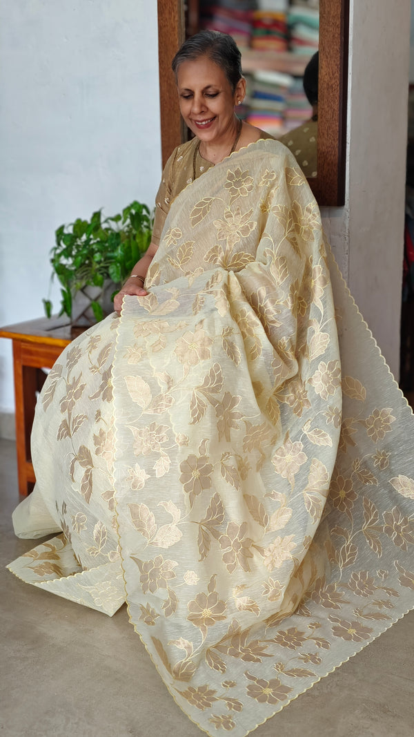 Pastel Yellow Linen Chanderi Saree with Golden Applique - D773