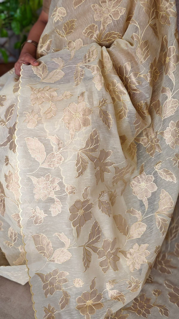Pastel Yellow Linen Chanderi Saree with Golden Applique - D773