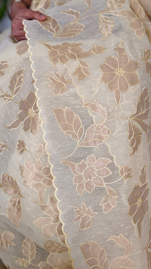 Pastel Yellow Linen Chanderi Saree with Golden Applique - D773