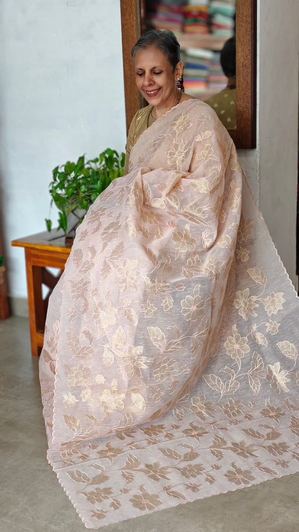 Pastel Peach Linen Tissue Saree with Golden Applique - D773