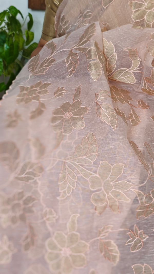 Pastel Peach Linen Tissue Saree with Golden Applique - D773