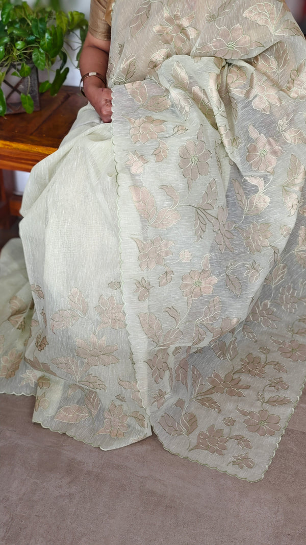 Pastel Green Linen Chanderi Saree with Golden Applique - D773