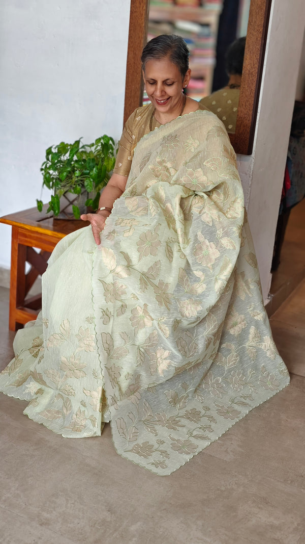 Pastel Green Linen Chanderi Saree with Golden Applique - D773