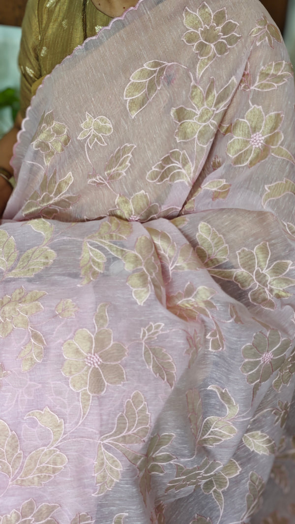 Pastel Pink Linen Chanderi Saree with Golden Applique - D773