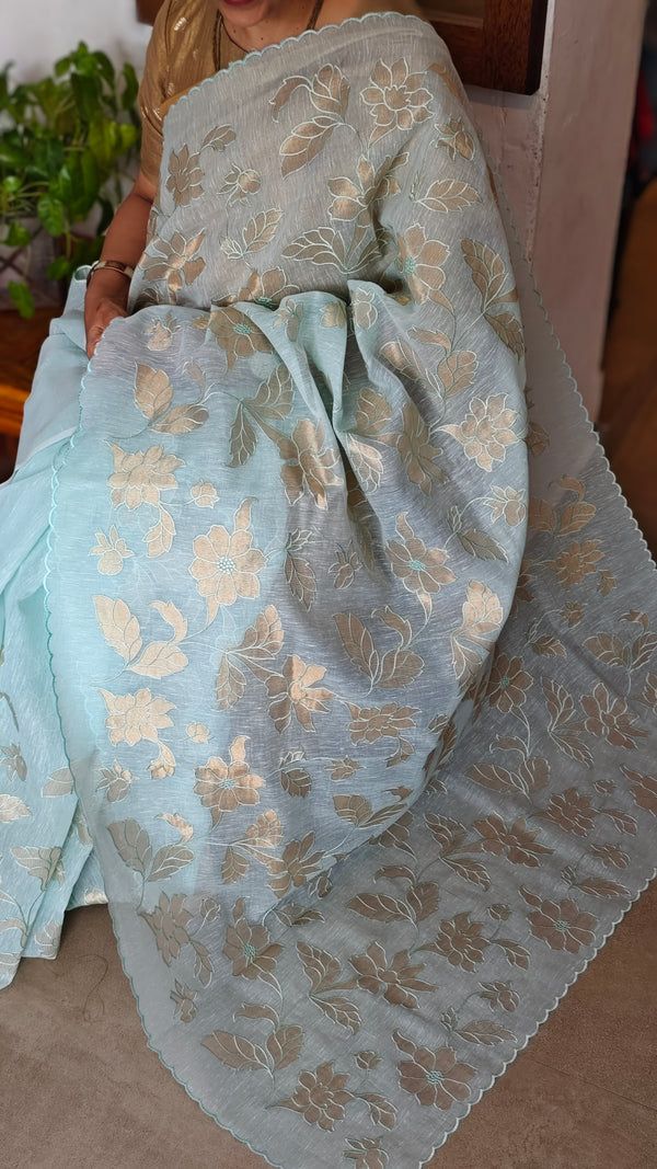 Pastel Blue Linen Chanderi Saree with Golden Applique - D773