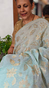 Pastel Blue Linen Chanderi Saree with Golden Applique - D773