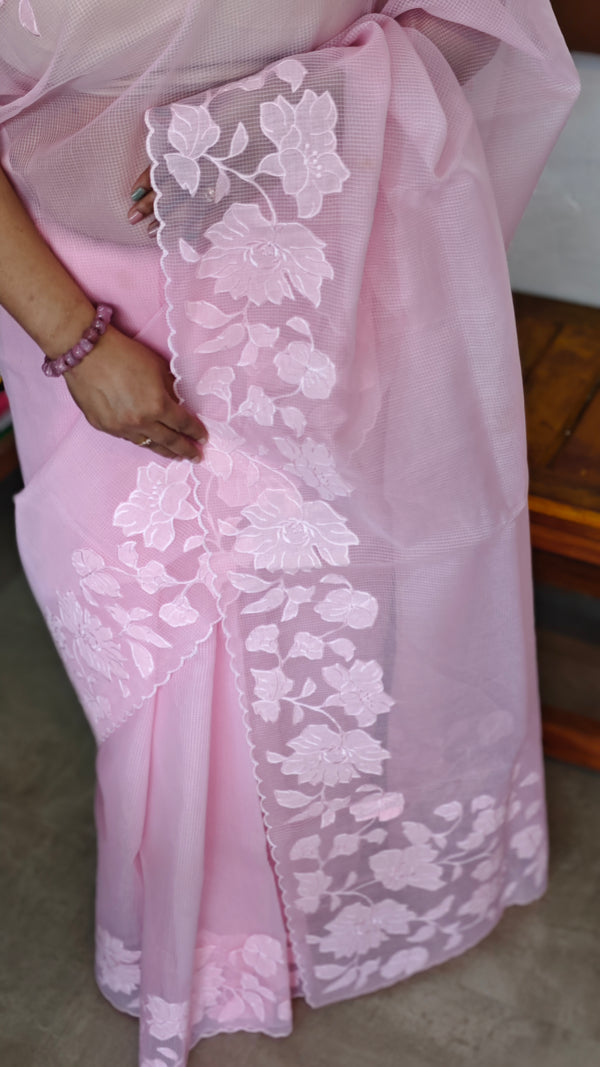 Baby Pink Net Kota Saree with Applique Work - EP26