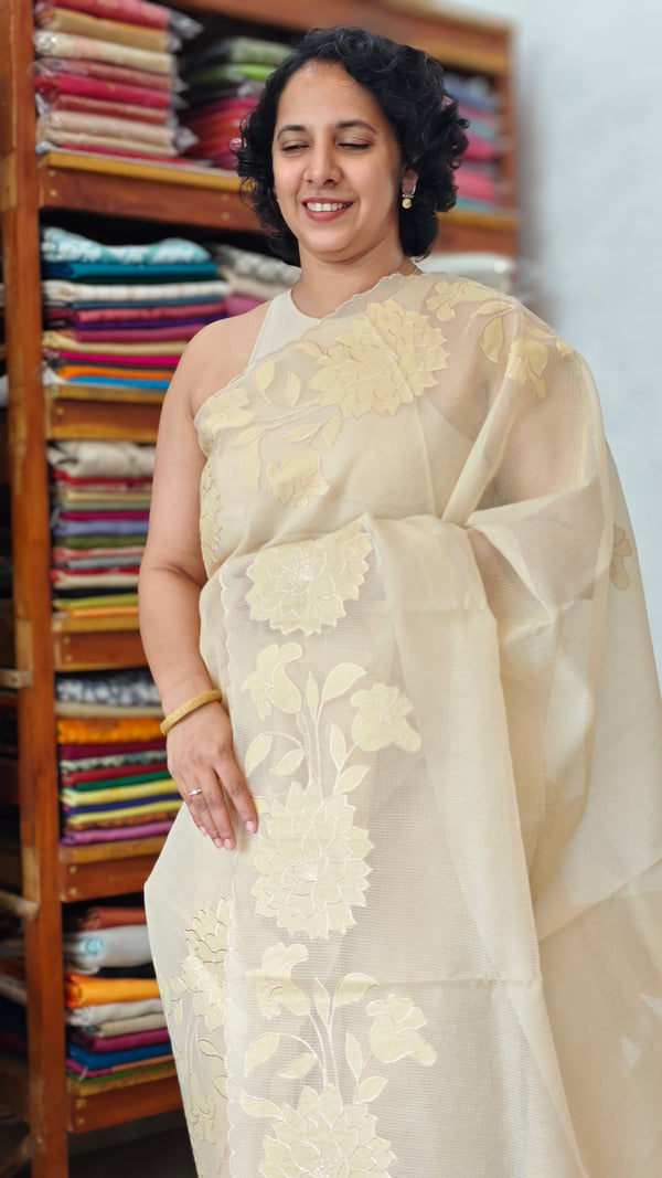 Light Beige Net Kota Saree with Applique Work - EP26