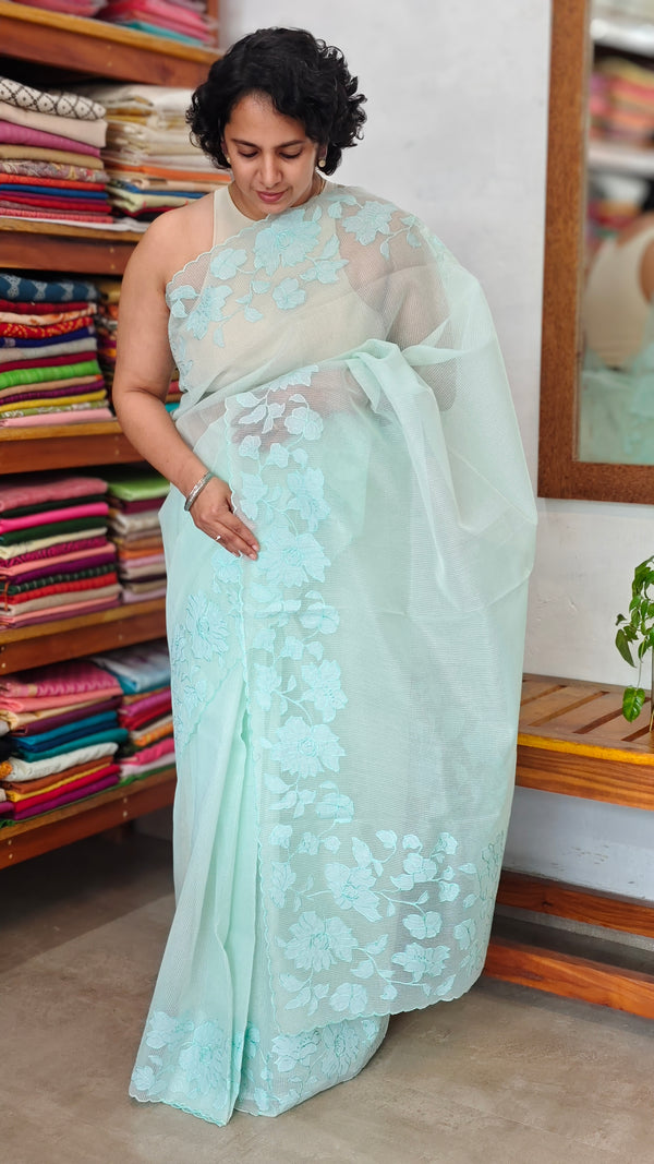 Sea Green Net Kota Saree with Applique Work - EP26